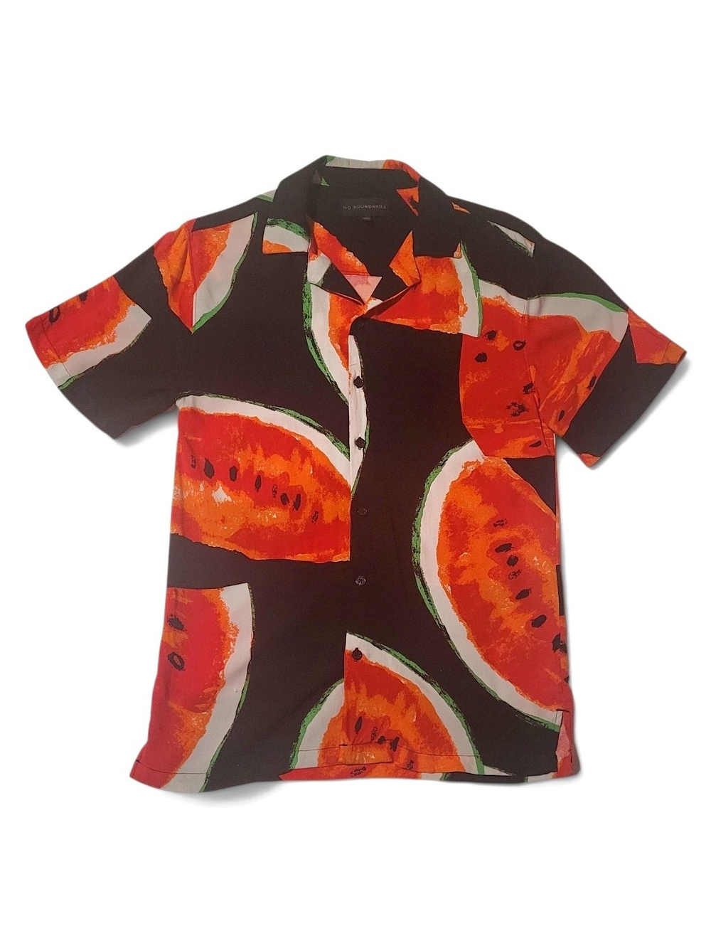 No Boundaries Black Button-Up Shirt with Red & Green Watermelon Print